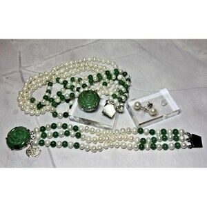 Freshwater Pearls 3 Strand Necklace & Green Jade Bracelet & Earring Set, (0106)